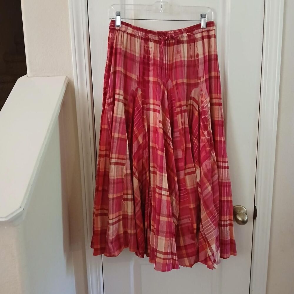Y2K Vintage Pink Tie Dye Madras Plaid Paneled Maxi Skirt Crinkle Texture S Boho